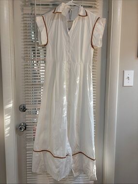 Avara White Maxi Button-Front Dress with Brown Trim